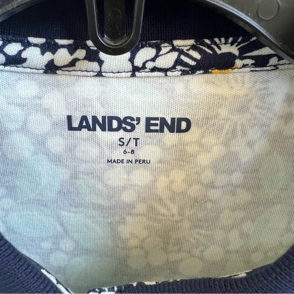 Lands’ End Navy Blue, Green, White Dandelion Print Short Sleeve Polo Small Tall - Picture 3 of 5
